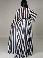  Strip Print V Neck Long Sleeve Wrap Maxi Dress