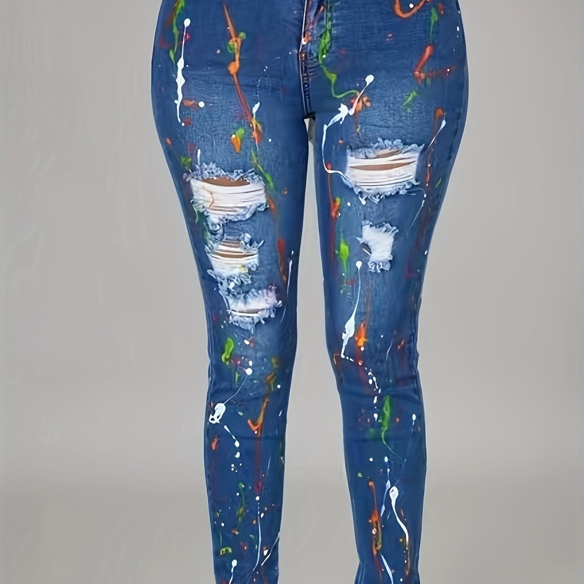 Women's Plus Graffiti Print Ripped Button Fly High Rise Skinny Jeans