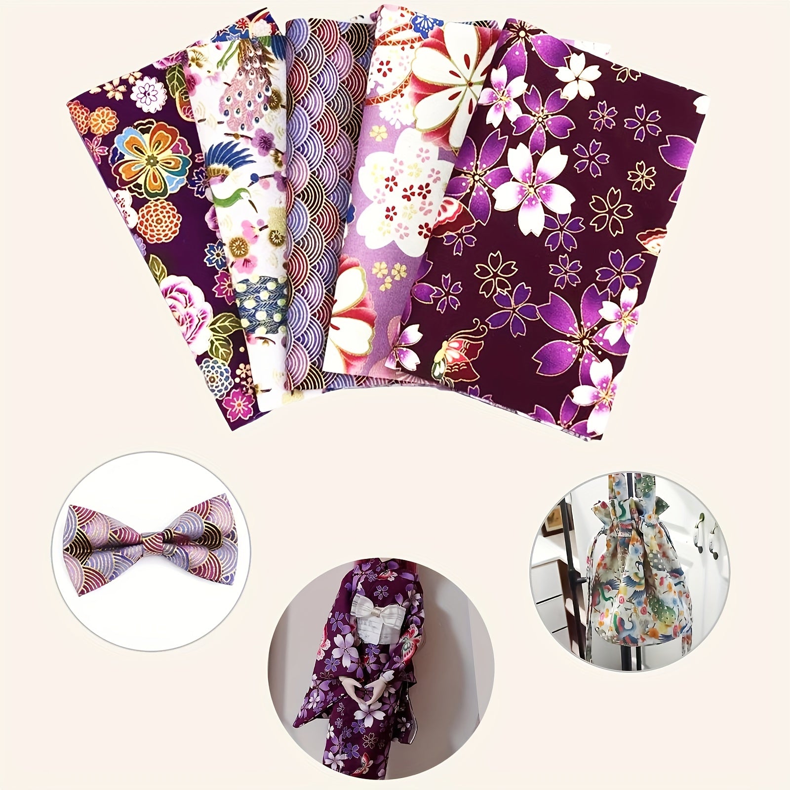 5pcs Japanese Style Purple Patches Cotton Quilting Fabric 9.8in