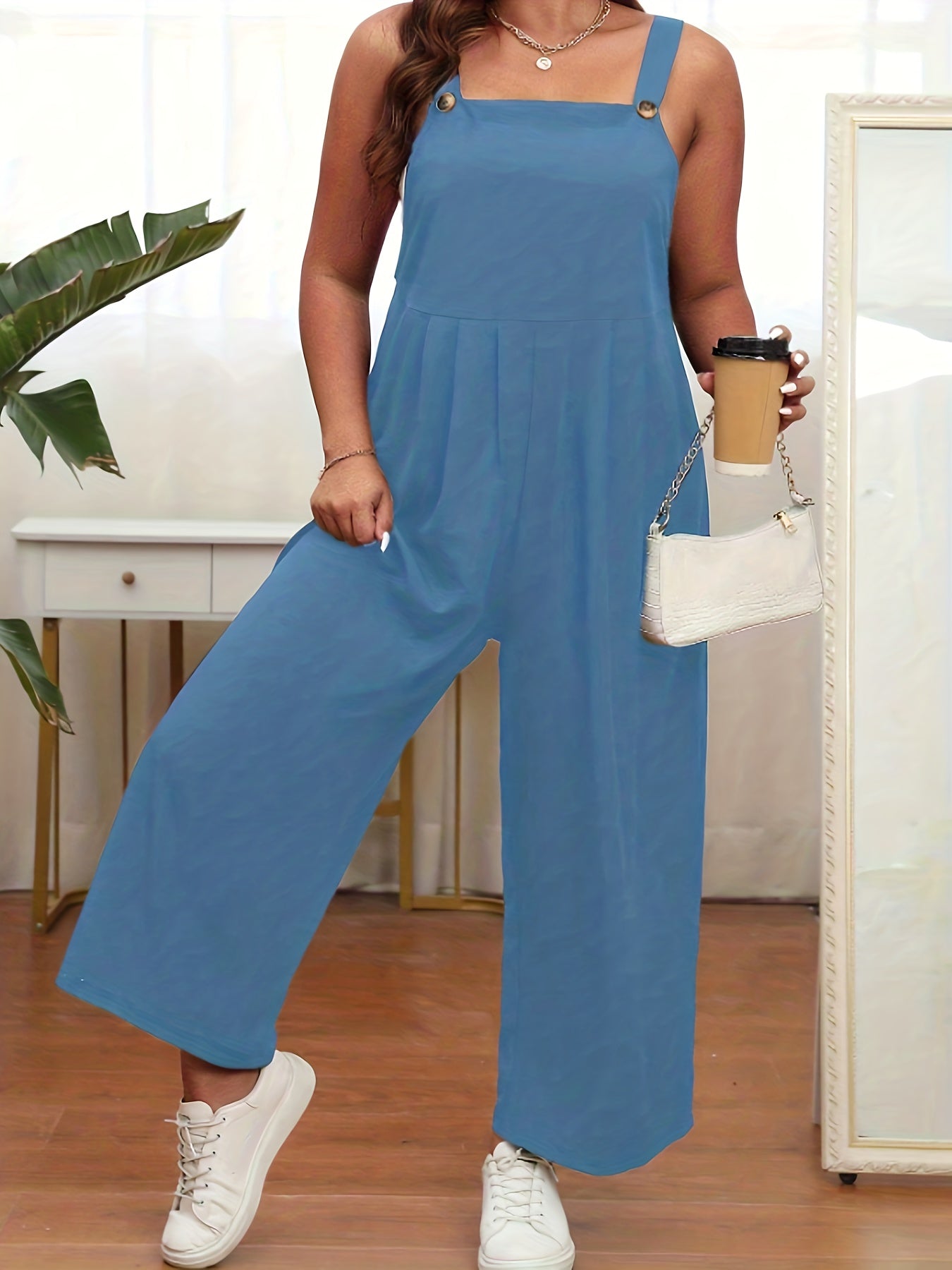  Casual Jumpsuit Women's Plus Solid Square Neck Loose Fit Wide Leg Tank