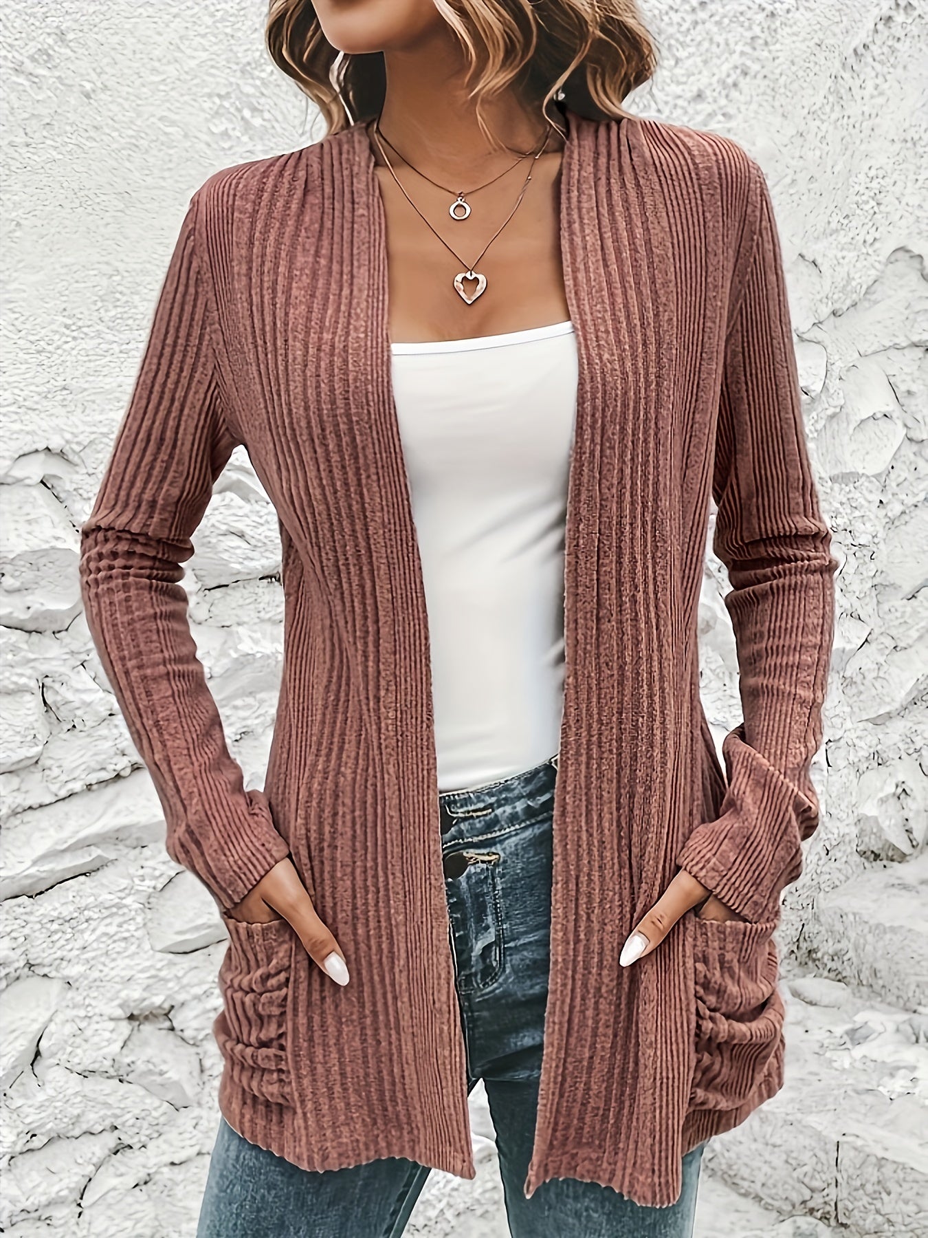  Solid Long Sleeve Open Front Cardigan With Pockets