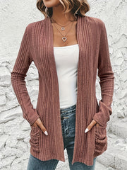  Solid Long Sleeve Open Front Cardigan With Pockets