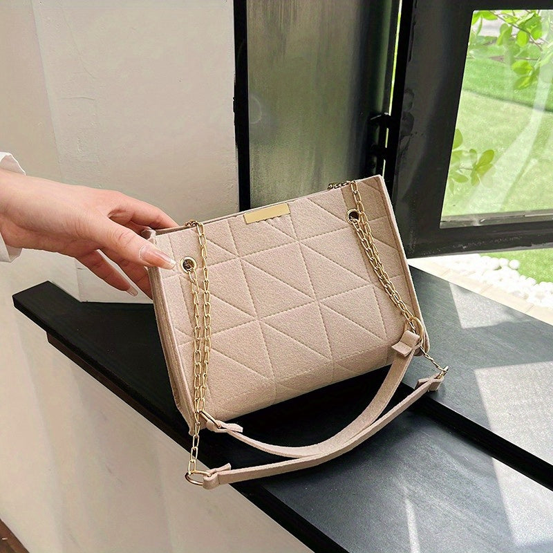 Solid Felt Square Shoulder Bag Minimalist Rhombus Pattern Chain Bag