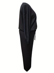  Solid Long Sleeve Tee & Belted Pants Two Piece Set