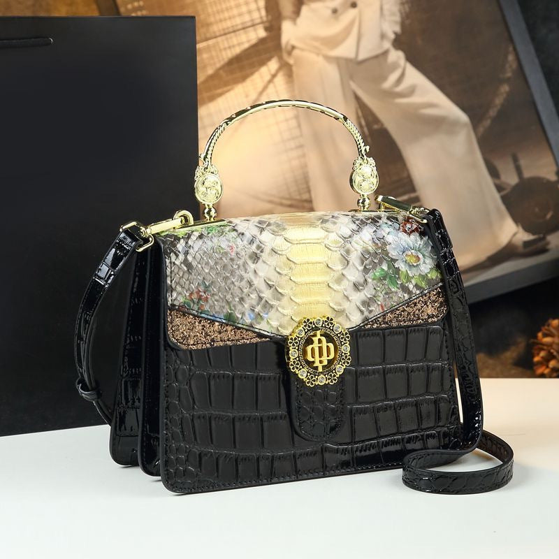 Vintage Leather Handbag Snake Print Shoulder Bag with Wristlet