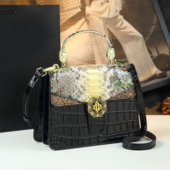 Vintage Leather Handbag Snake Print Shoulder Bag with Wristlet