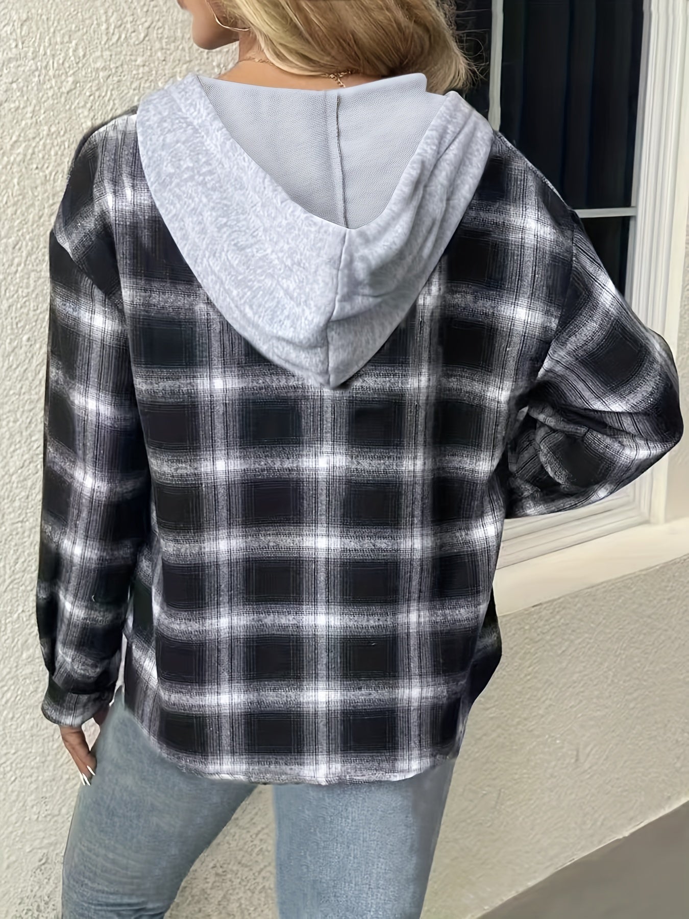  Colorblock Plaid Print Button Up Hoodie