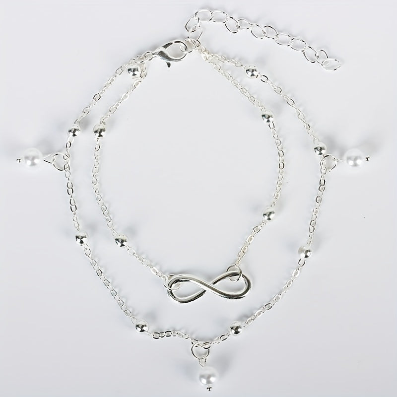 Double Layer Chain Anklet with Pearls Pendant & Infinity Symbol Beads