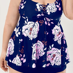  Boho Tankini Set Floral Print Lace Up Scoop Neck