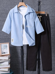 Boy's 2pcs Shirt & Pants Set Letter Print Patched Short Sleeve Top