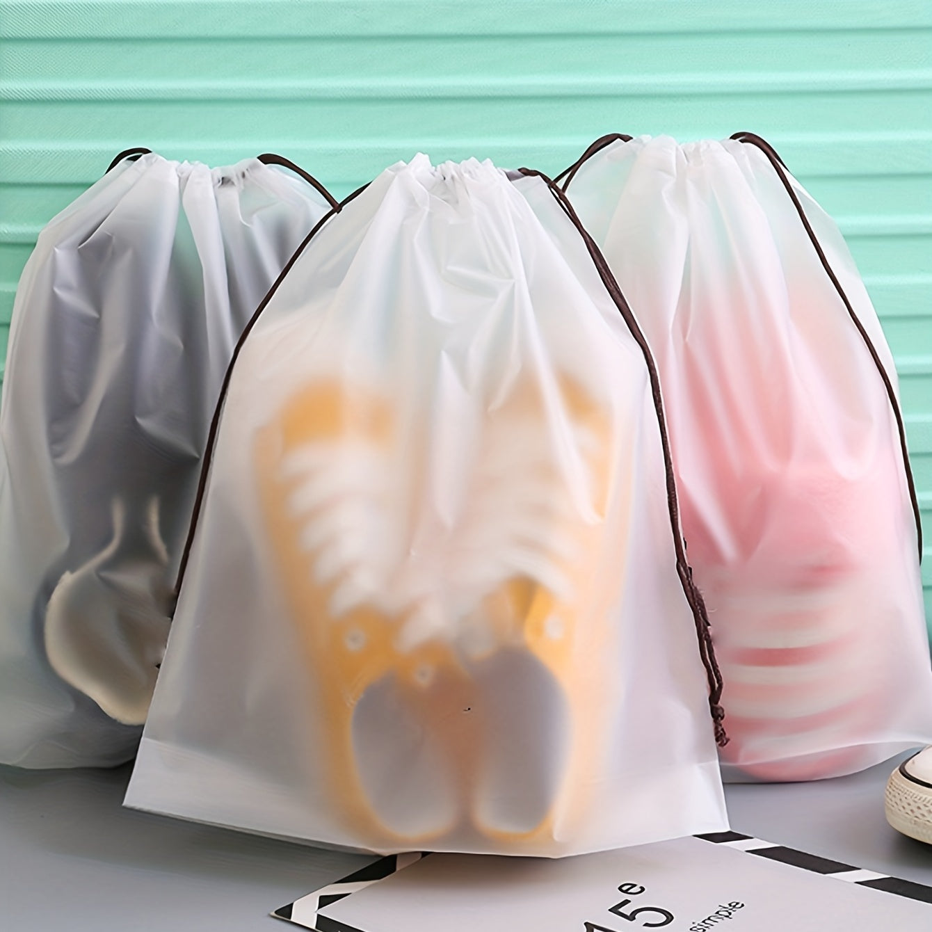 5pc Frosted Texture Plastic Shoe Bag Drawstring Moistureproof Shoe Storage Bag