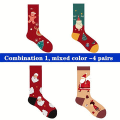 4 Pairs Cartoon Print Socks Christmas Mid Tube Stockings Women's Hosiery