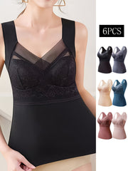 6pcs Lace Tank Tops V Neck Sleeveless Thermal Women's Lingerie