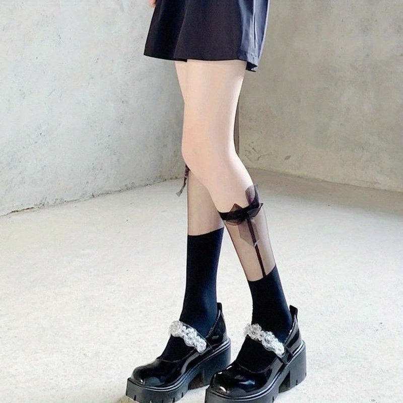 Mesh Stitching Calf Socks Bow Decor Lolita Knee High Socks