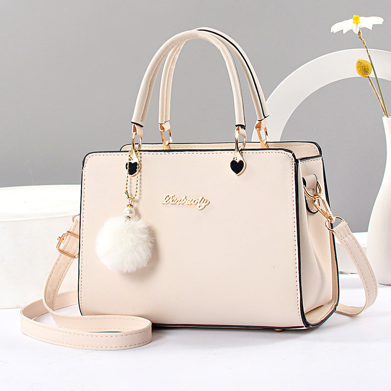 Plush Ball Decor Satchel Bag Solid Hand Bag Women's Shoulder Purse