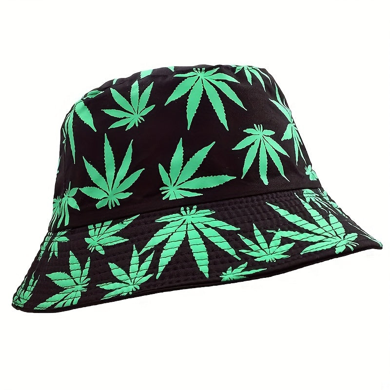 Leaf Print Reversible Bucket Hat Casual Sun Hat For Fishing Travel