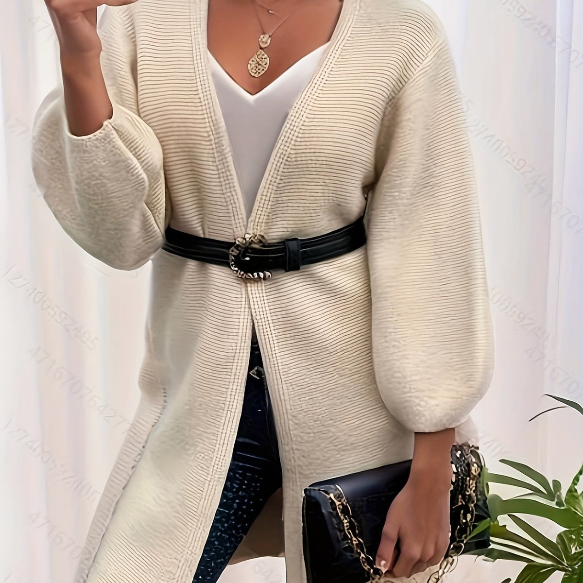  Solid Long Sleeve Open Front Split Sweater Cardigan