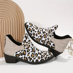 Leopard Print Ankle Boots Pointed Toe Chunky Boots