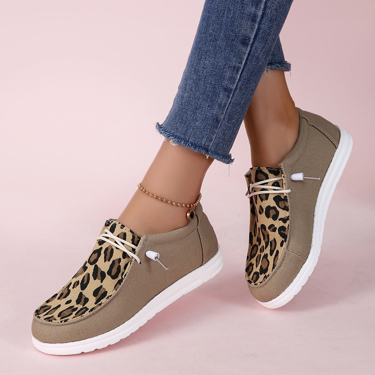 Leopard Print Loafers Lace Up Flat Canvas Shoes Lightweight
