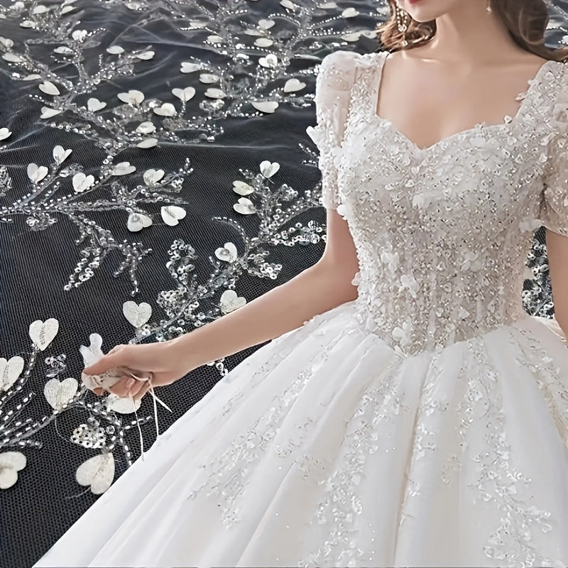 Bridal Long Gown Bling Sequins Lace Beaded Pearl Fabric Crafts