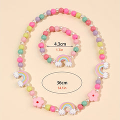 Cartoon Butterfly Flower Rainbow Beaded Necklace Bracelet Set for Girls