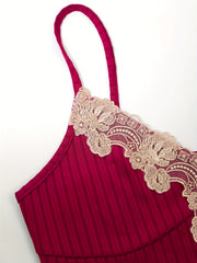 Lace Slip Lounge Dress V Neck Ribbed Home Dress Women's Loungewear