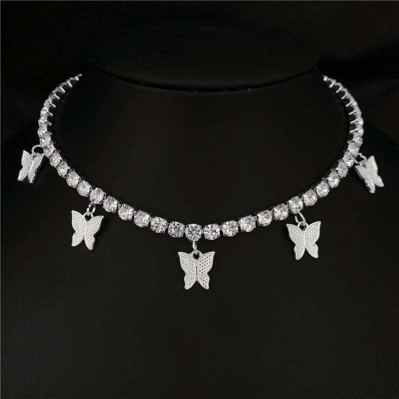 Double Row Butterfly Rhinestone Necklace