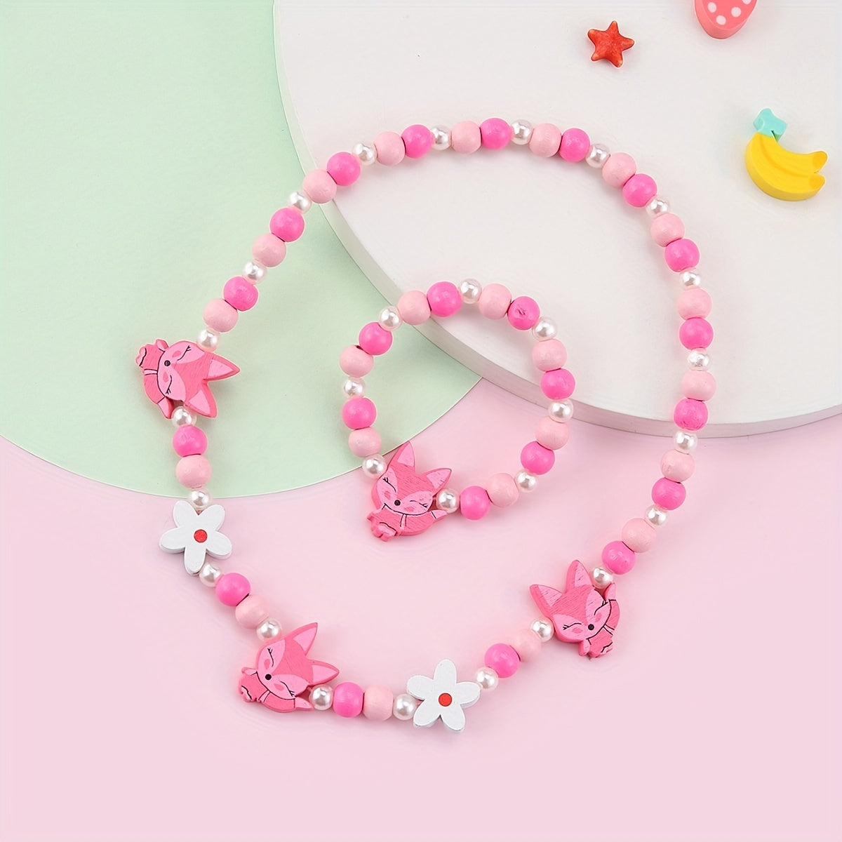 Pink Wood Fox Flower Beads Jewelry Set