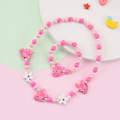 Pink Wood Fox Flower Beads Jewelry Set