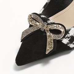 Women's Cap Toe Rhinestone Bow Houndstooth Stiletto Heels Pointed Toe Pumps