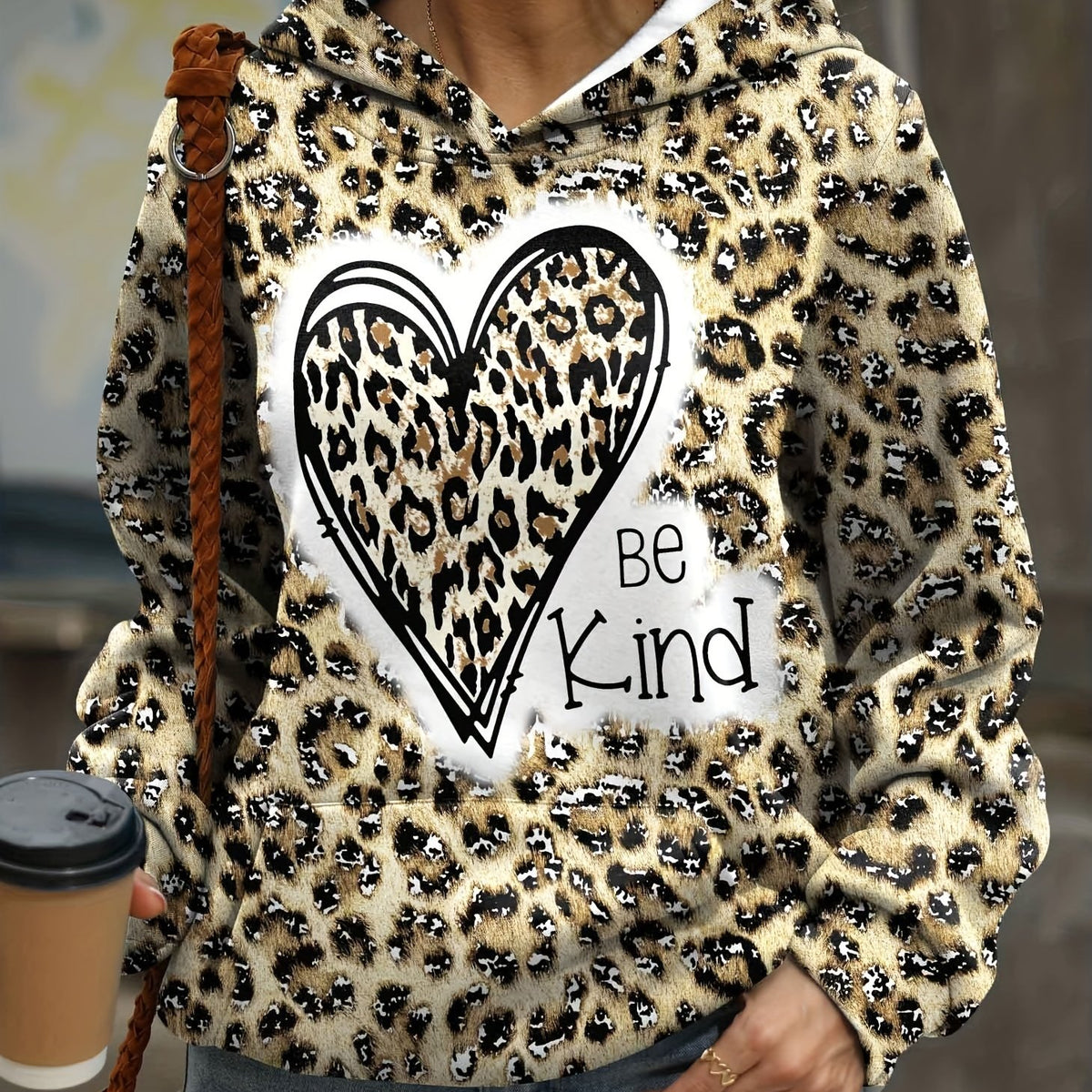 Heart & Leopard Print Hoodie with Kangaroo Pocket