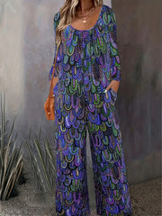  Leopard Print Long Sleeve Wide Leg Jumpsuit With Pockets