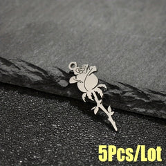 5PCS Stainless Steel Hollow Rose Flower Charms Pendants