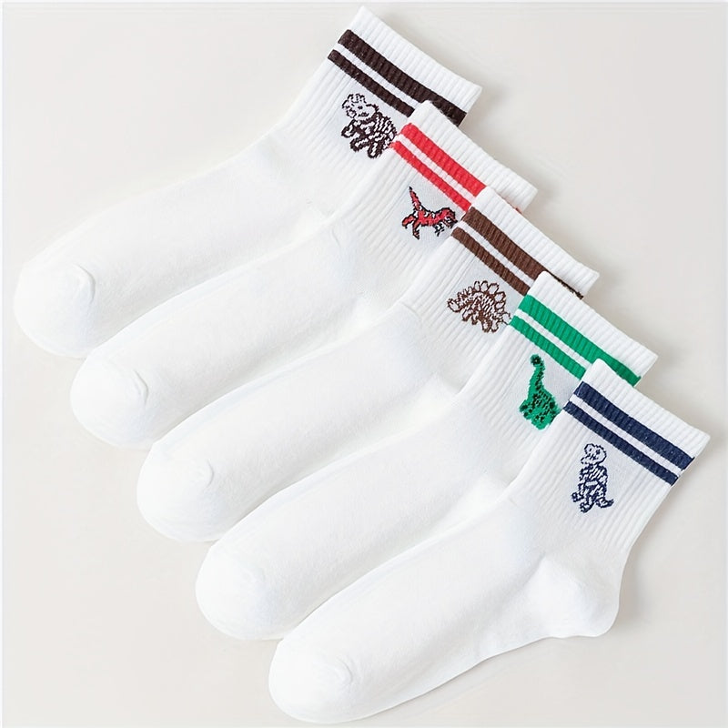 5 Pairs Striped Dino Ribbed Socks Breathable Mid Tube Women's Hosiery