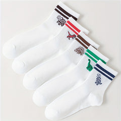 5 Pairs Striped Dino Ribbed Socks Breathable Mid Tube Women's Hosiery