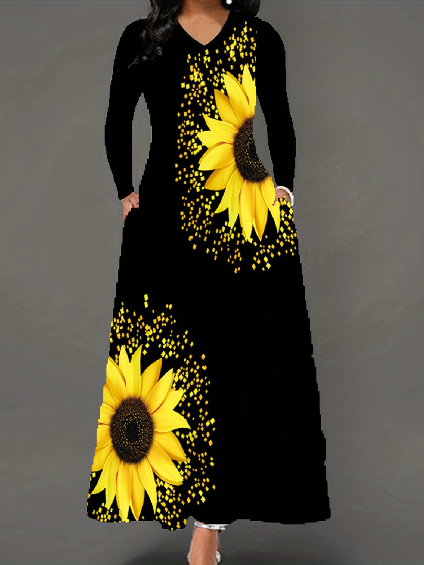  Graphic Print Maxi Dress V-Neck Long Sleeve With Pockets