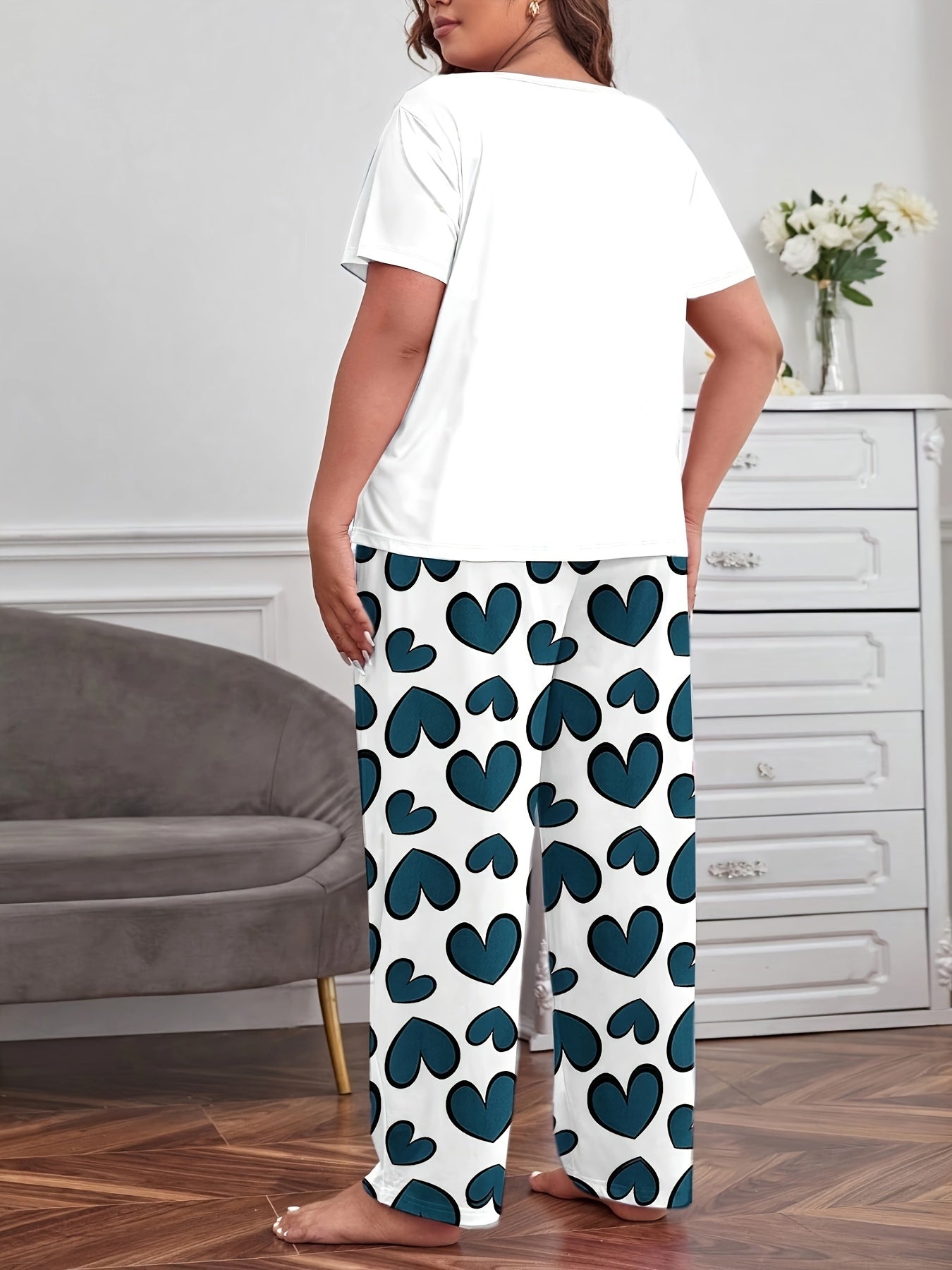  Casual Pajamas Set Women's Plus Slogan & Heart Pattern