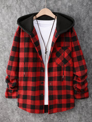 Men's Plaid Hooded Shirt Jacket Long Sleeve Regular Fit Coat