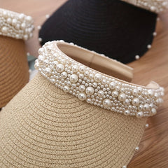 Faux Pearl Visor Hat Straw Sun Hat UV Protection Beach Hat