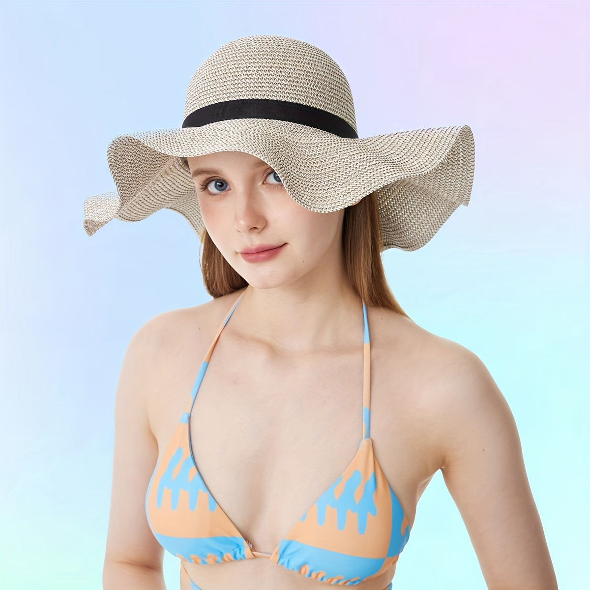 Wide Brim Sun Hat French Style Straw Ribbon Bowknot Travel Beach Hat