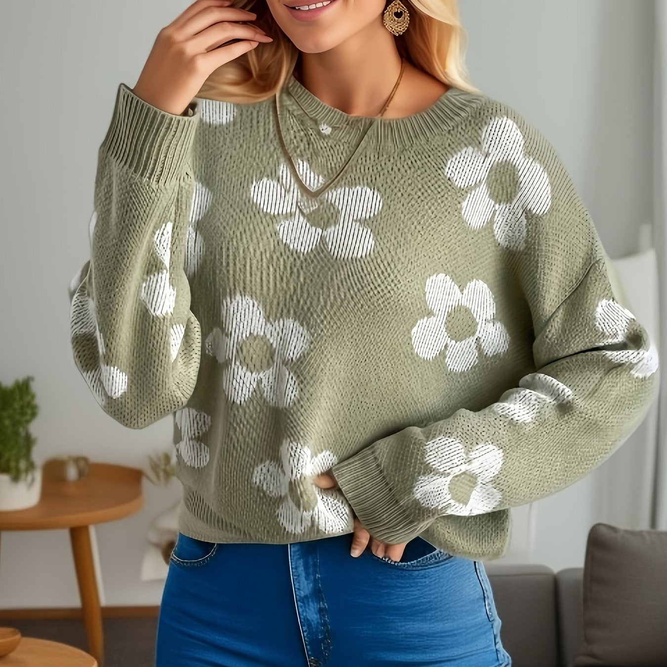  Floral Print Long Sleeve Sweater