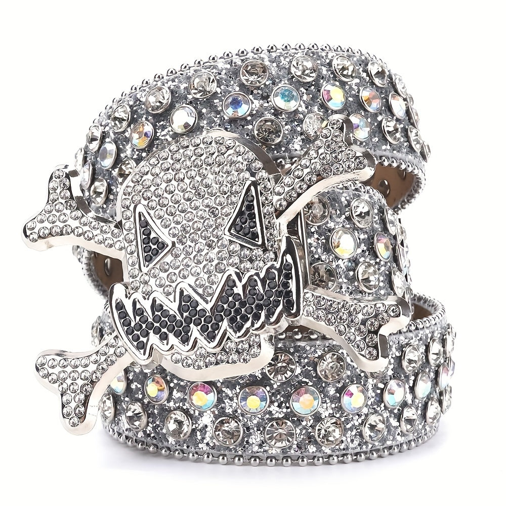 Big Rhinestone Skull Buckle Belt Punk Stone Crystal Studded Waist Strap For Men