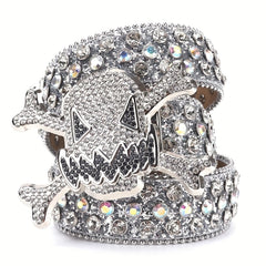 Big Rhinestone Skull Buckle Belt Punk Stone Crystal Studded Waist Strap For Men
