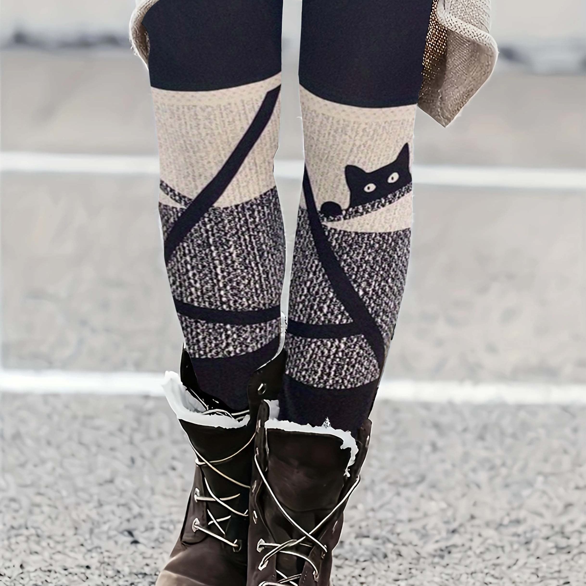  Colorblock Cat Print High Rise Leggings
