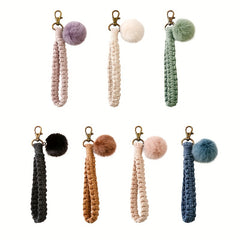 Boho Keychain Fur Ball Wrist Lanyard for Keys Macrame Wristlet Keychain Girls