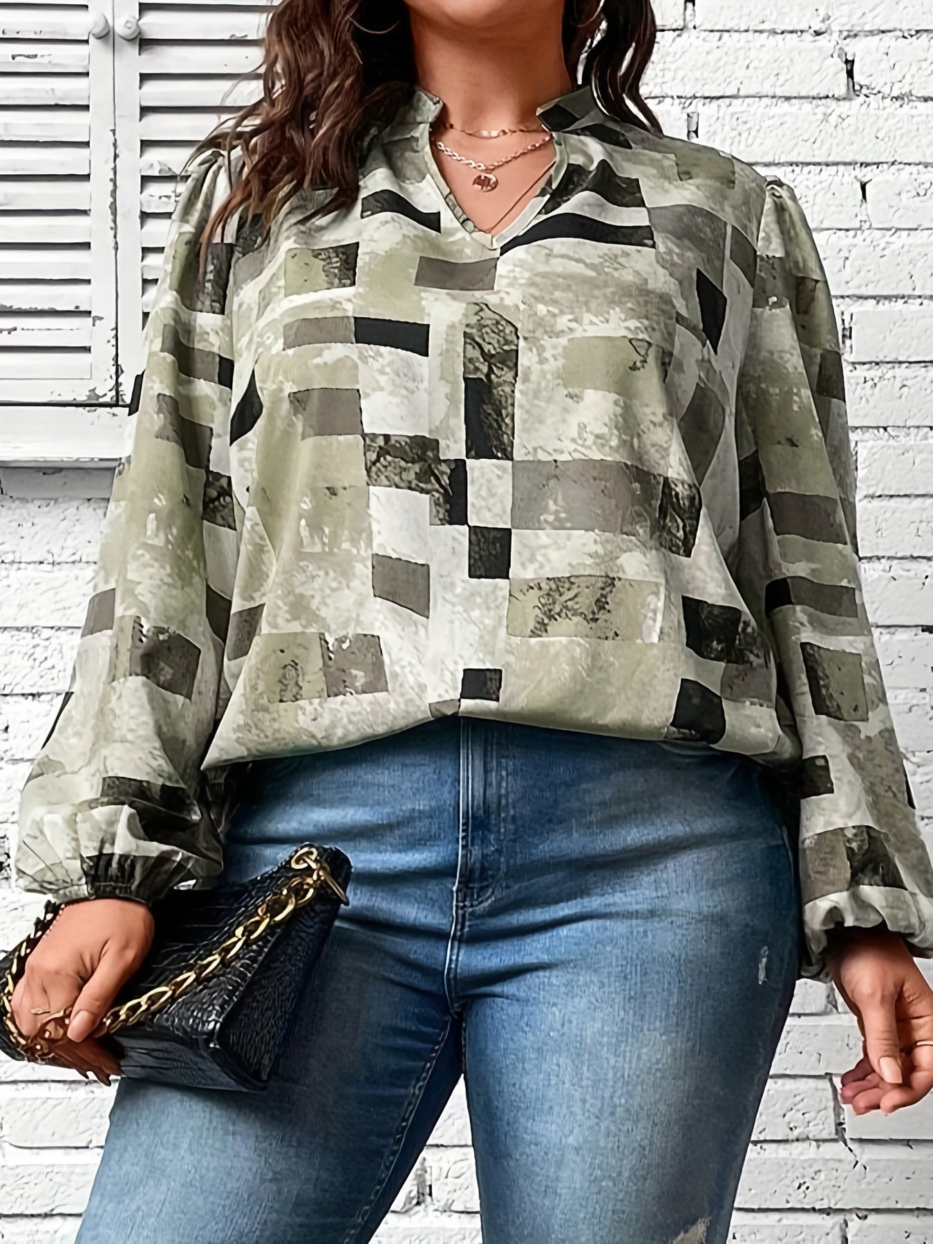  Geo Print Lantern Sleeve Notched Neck Blouse