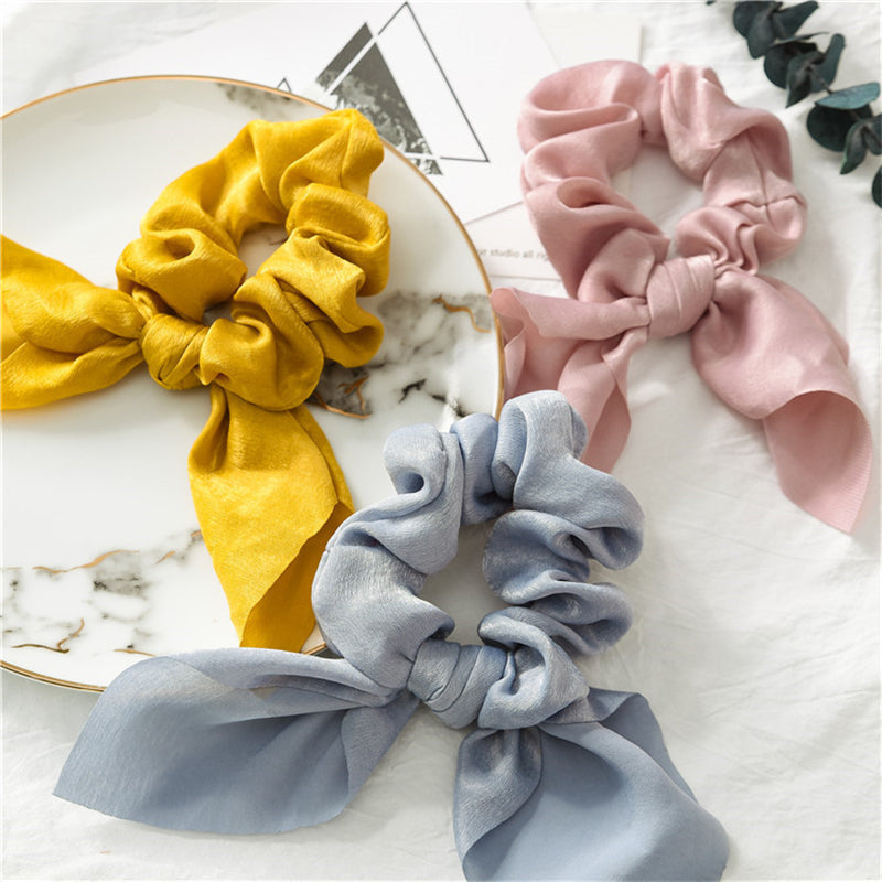 Silk Bow Scrunchies Bunny Ear Satin Hair Scarf Ponytail Holder Hair Ties