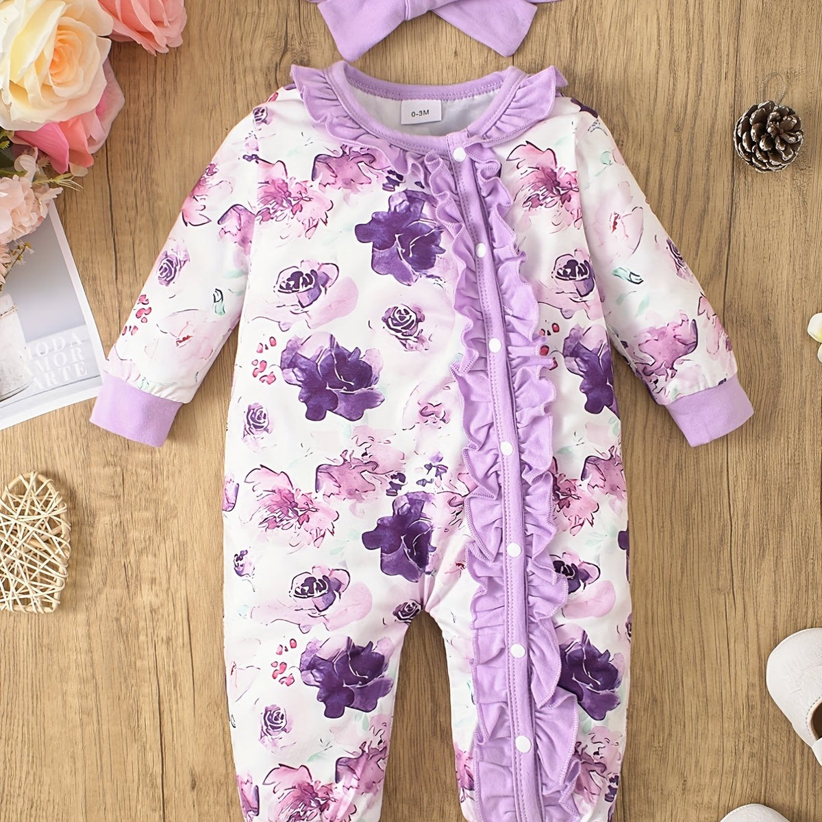 Floral Ruffled Baby Jumpsuit Bandana Set