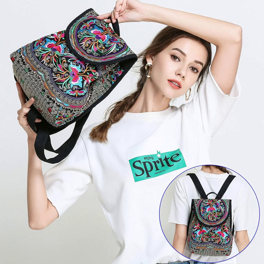 Floral Embroidered Backpack Canvas Bookbag Travel Backpack