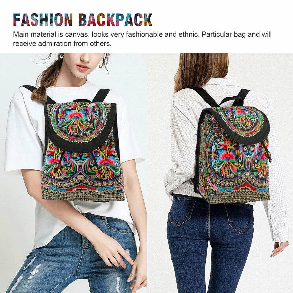 Floral Embroidered Backpack Canvas Bookbag Travel Backpack